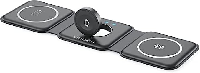 UCOMX Nano 3 in 1 Wireless Charger,Magnetic Foldable Charging Station,Fast Wireless Charging Pad,Compatible with iPhone 13/12/SE/11/XS/8,Samsung Galaxy,AirPods Pro,Apple Watch(Adapter Included)